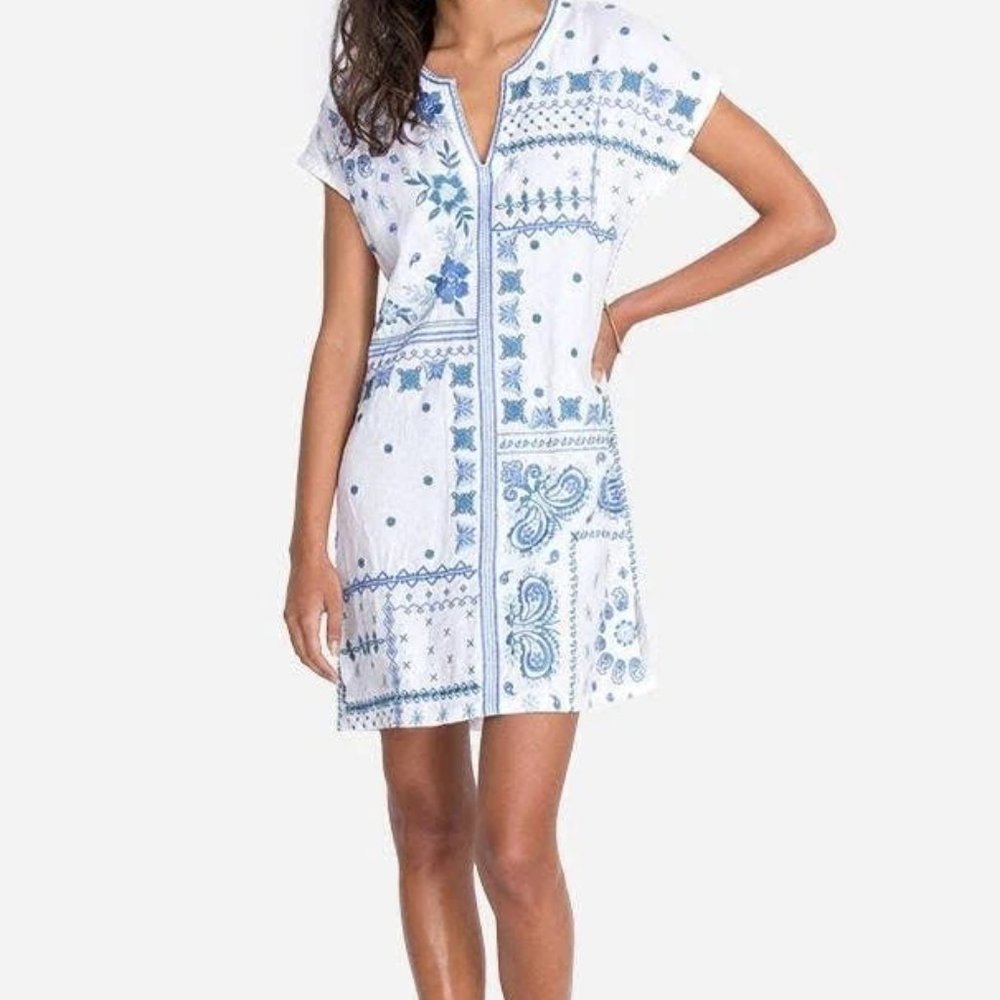 Johnny Was Nico Easy Linen Dress - White - Blue Floral - Size XS